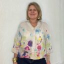 Lady wearing the Italian linen floral button closure top.