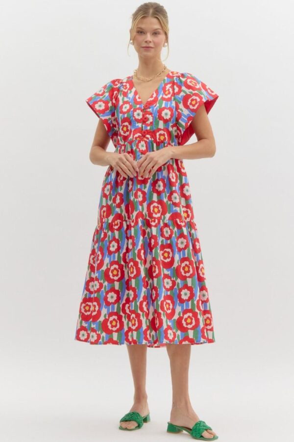 Entro Floral Print Flutter Sleeve Midi Dress