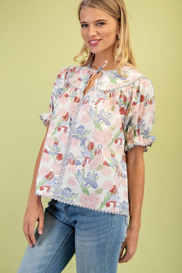 GiGiO Floral Print Tie Neck Blouse with Rick Rack Trim Detail