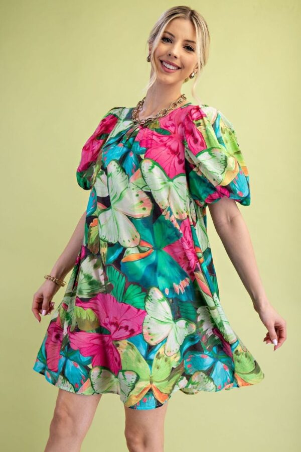 GiGiO Tropical Print A Line Mini Dress with Short Puff Sleeves