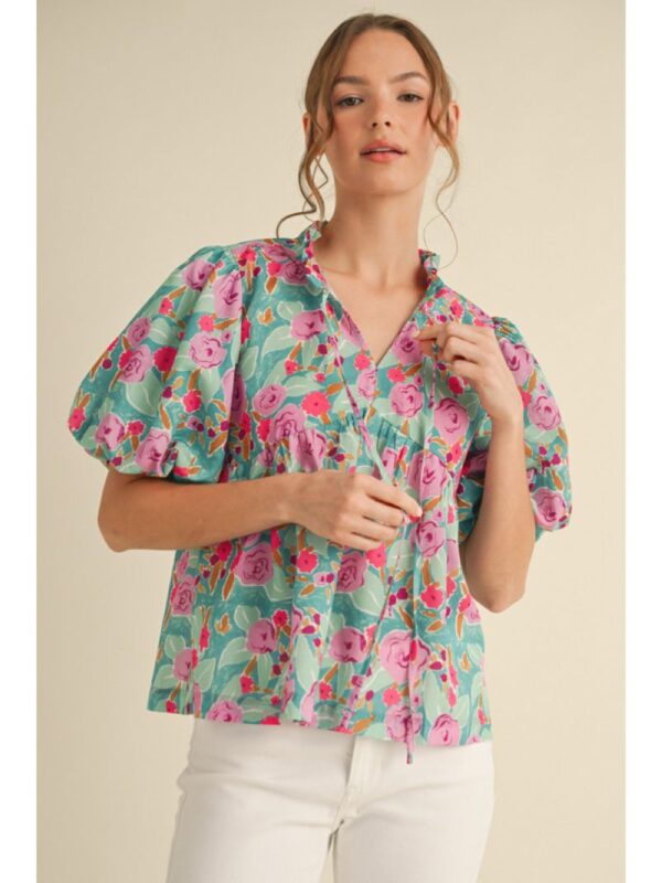 Jodifl Floral print top with frilled tie neck and puffed short sleeves