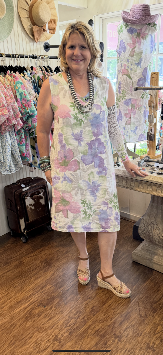Floral Italian Linen Middi V Neck Sundress