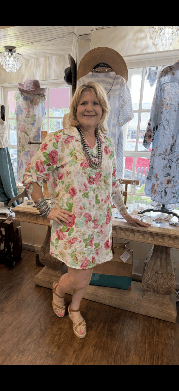 Floral Italian Linen Short Shirt Dress