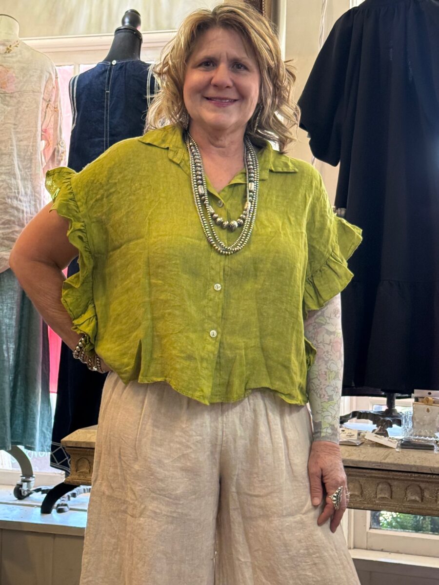 Linen-button-front-ruffle-avacado Linen-button-front-ruffle-avacado