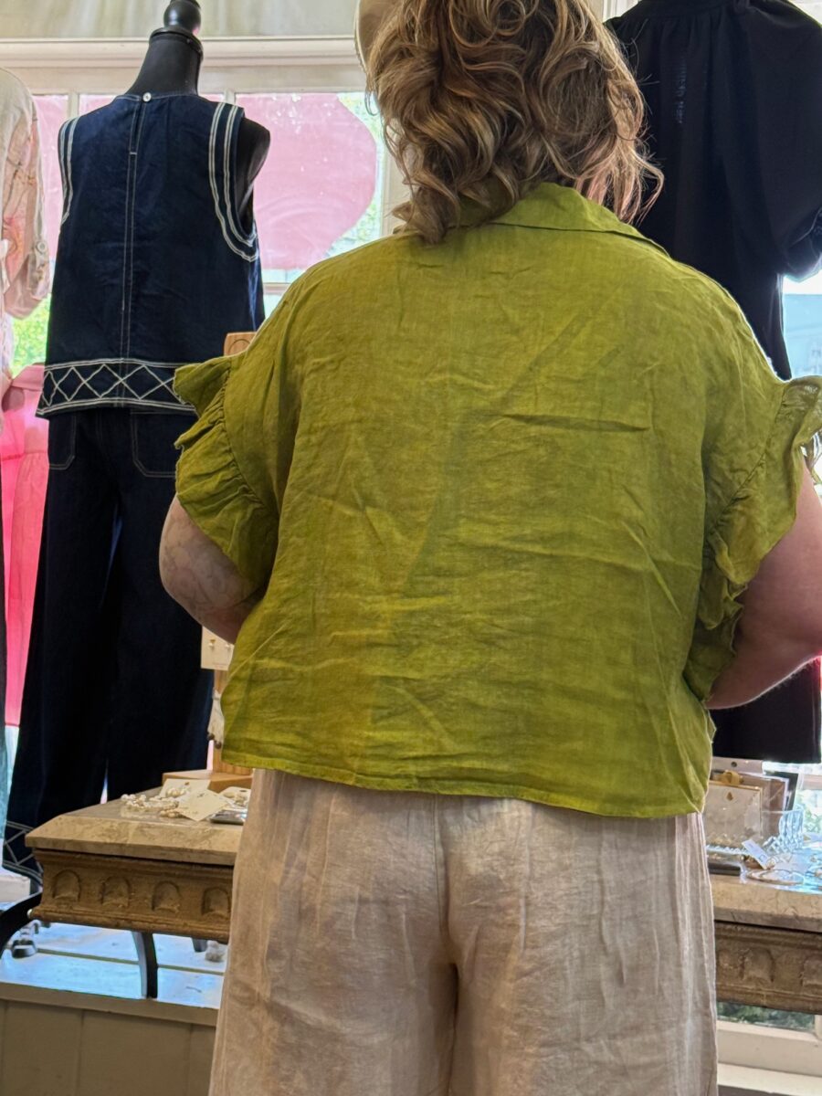 Linen-button-front-ruffle-avacado-back Linen-button-front-ruffle-avacado-back