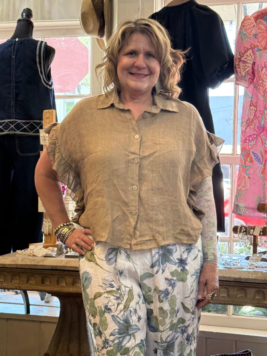 Linen-button-front-ruffle-camel Linen-button-front-ruffle-camel