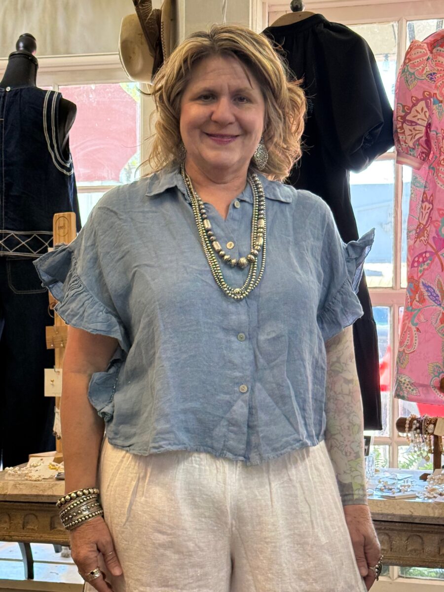 Linen-button-front-ruffle-denim Linen-button-front-ruffle-denim