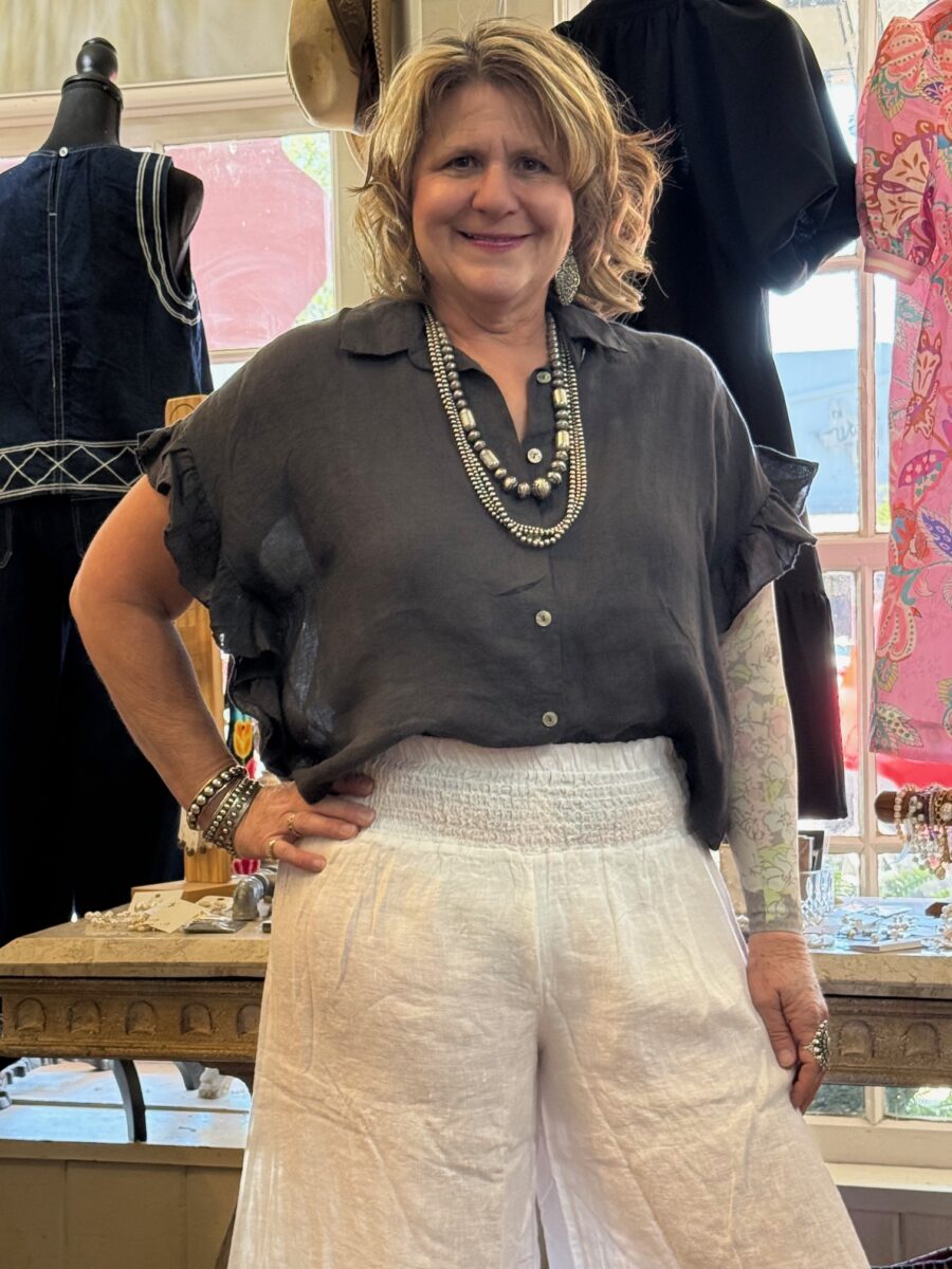 Linen-button-front-ruffle-gun-metal Linen-button-front-ruffle-gun-metal